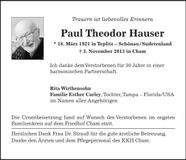 Traueranzeige Paul Theodor Hauser