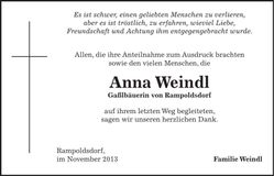 Traueranzeige Anna Weindl