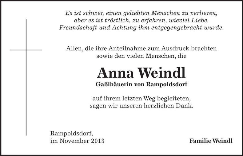 Traueranzeige Anna Weindl