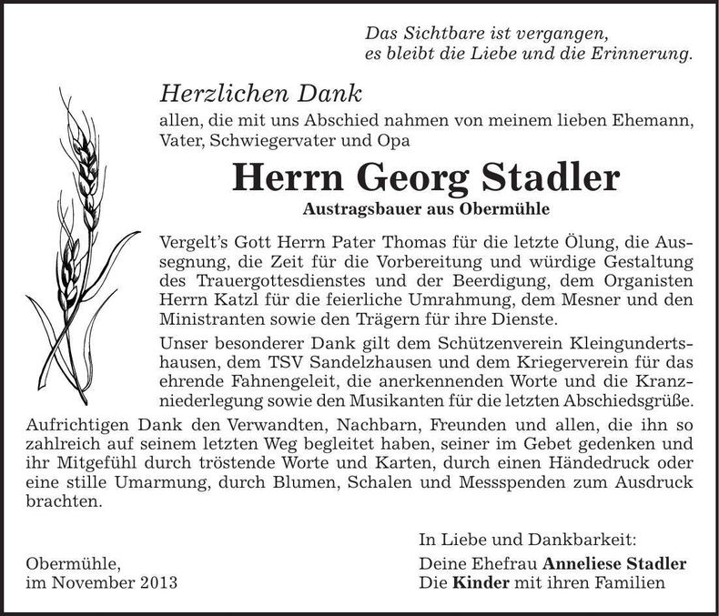Traueranzeige Georg Stadler