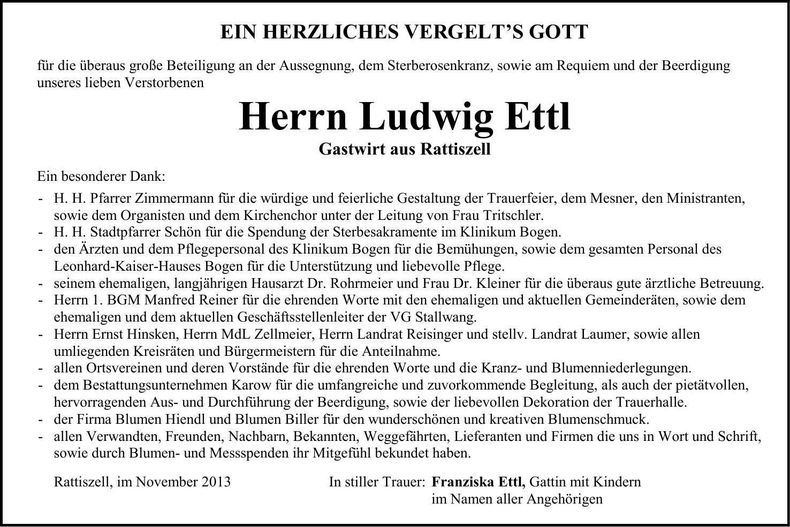 Traueranzeige Ludwig Ettl