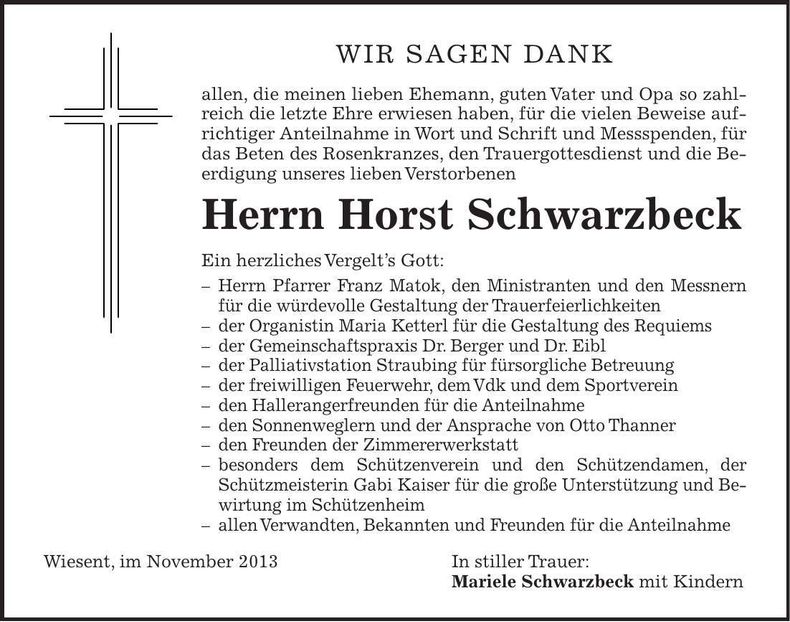 Traueranzeige Horst Schwarzbeck