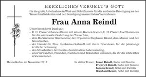 Traueranzeige Anna Reindl