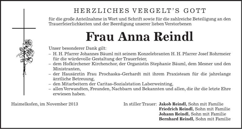 Traueranzeige Anna Reindl