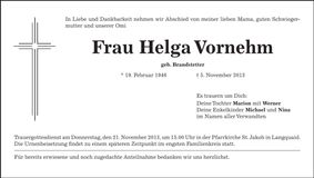 Traueranzeige Helga Vornehm