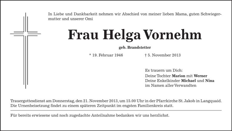Traueranzeige Helga Vornehm