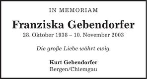 Traueranzeige Franziska Gebendorfer