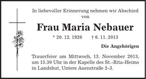Traueranzeige Maria Nebauer