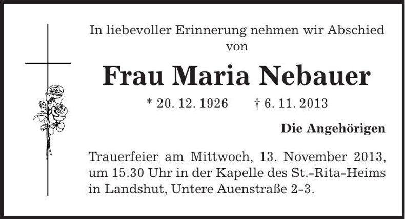 Traueranzeige Maria Nebauer
