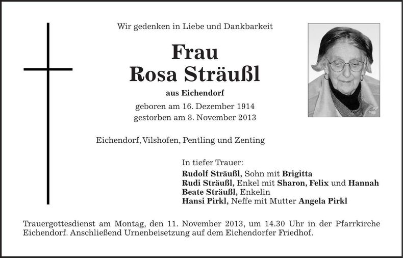 Traueranzeige Rosa Sträußl