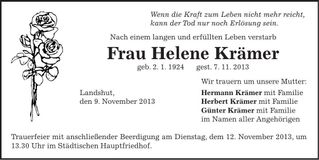 Traueranzeige Helene Krämer