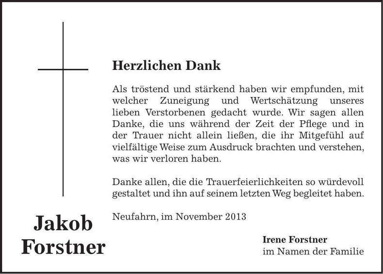 Traueranzeige Jakob Forstner