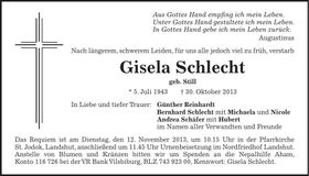 Traueranzeige Gisela Schlecht