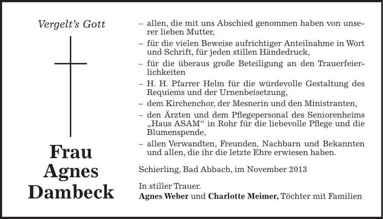 Traueranzeige Agnes Dambeck
