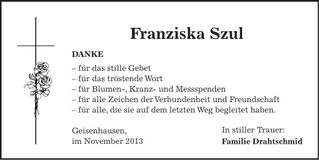 Traueranzeige Franziska Szul