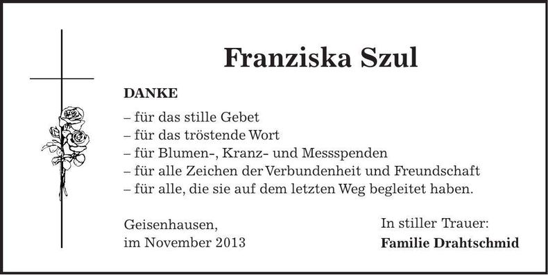 Traueranzeige Franziska Szul