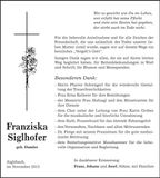 Traueranzeige Franziska Siglhofer