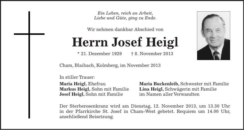 Traueranzeige Josef Heigl