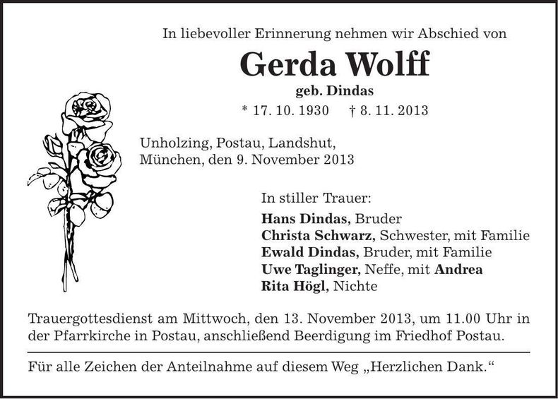Traueranzeige Gerda Wolff