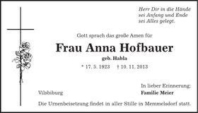Traueranzeige Anna Hofbauer