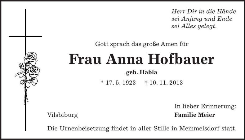Traueranzeige Anna Hofbauer