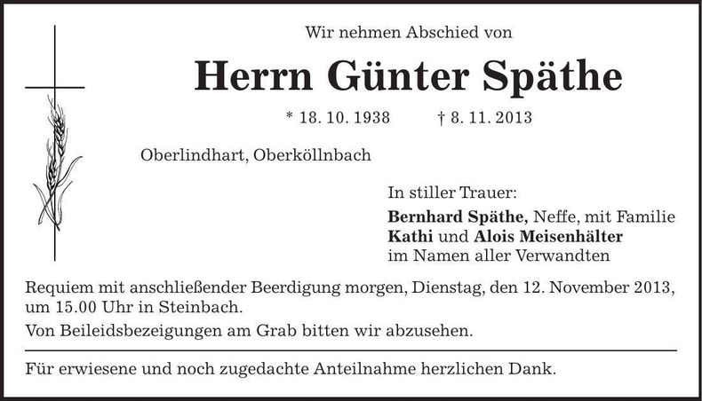 Traueranzeige Günter Späthe