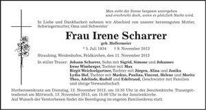 Traueranzeige Irene Scharrer