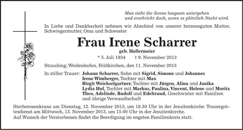 Traueranzeige Irene Scharrer