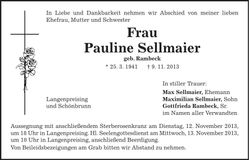 Traueranzeige Pauline Sellmaier
