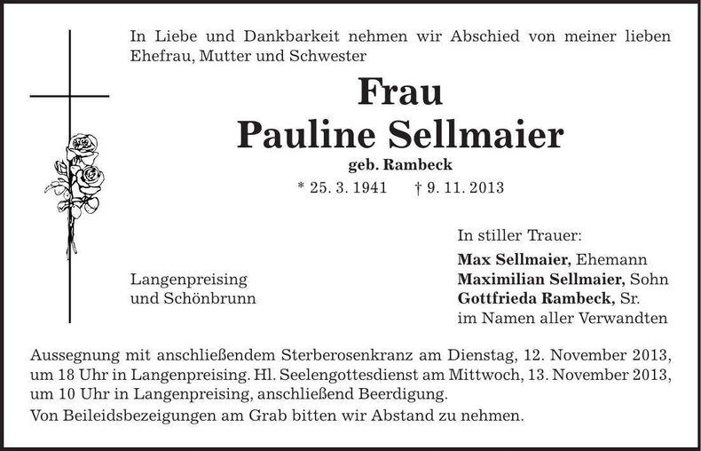 Traueranzeige Pauline Sellmaier