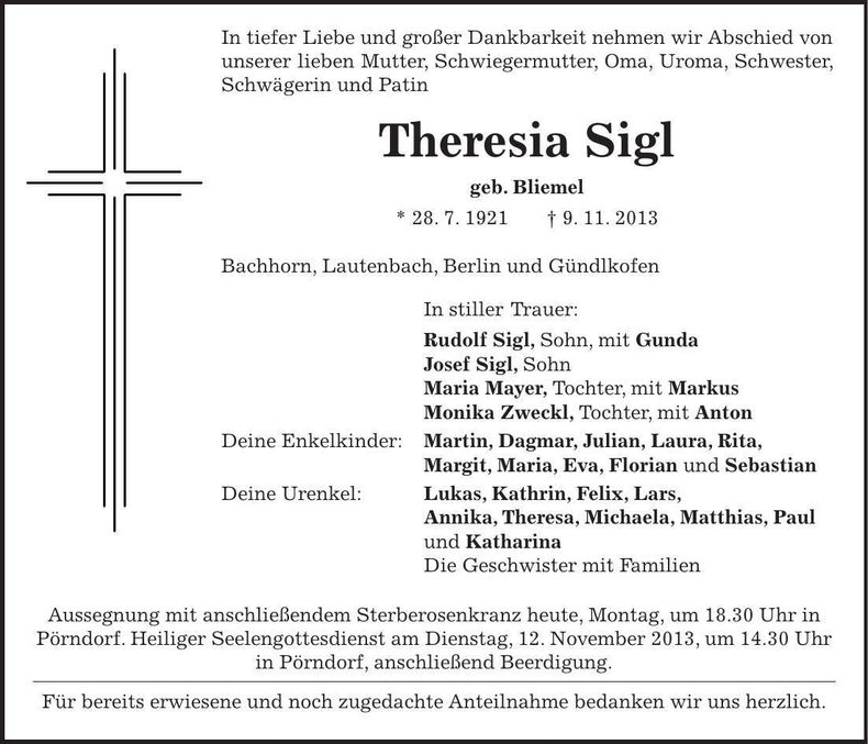 Traueranzeige Theresia Sigl