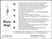 Traueranzeige Maria Hagl