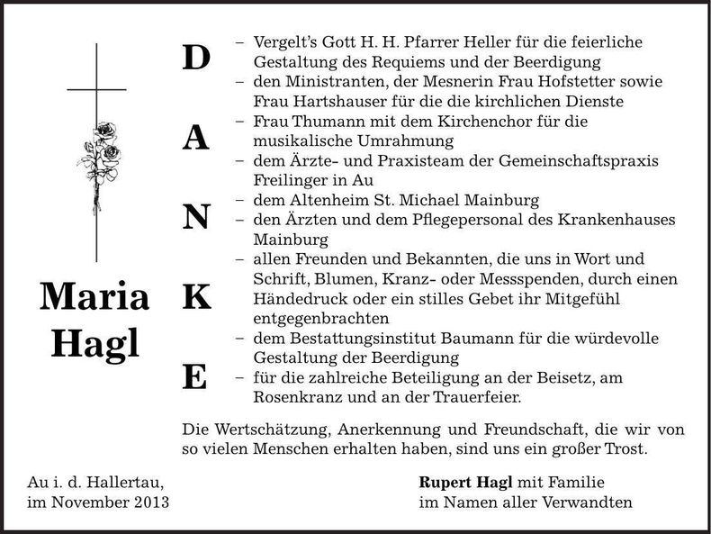 Traueranzeige Maria Hagl