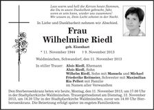 Traueranzeige Wilhelmine Riedl