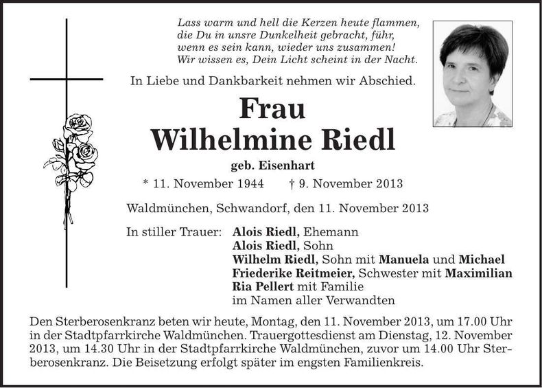 Traueranzeige Wilhelmine Riedl