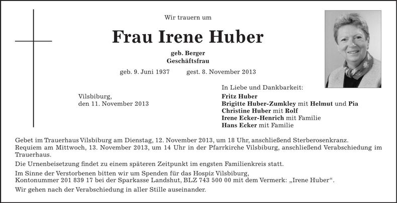 Traueranzeige Irene Huber