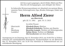 Traueranzeige Alfred Zierer