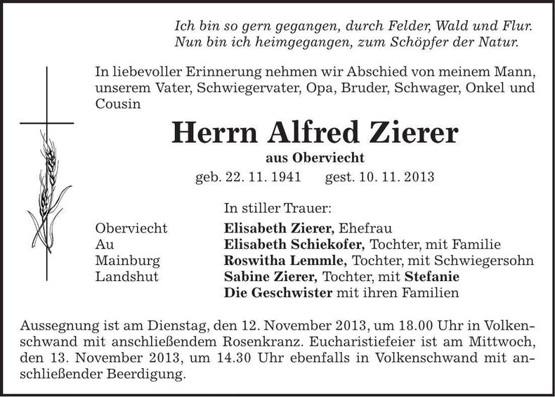 Traueranzeige Alfred Zierer