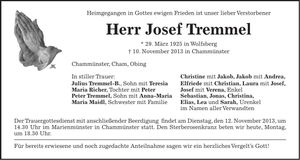 Traueranzeige Josef Tremmel