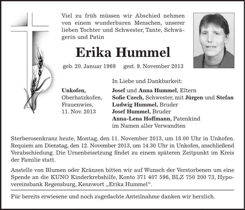 Traueranzeige Erika Hummel