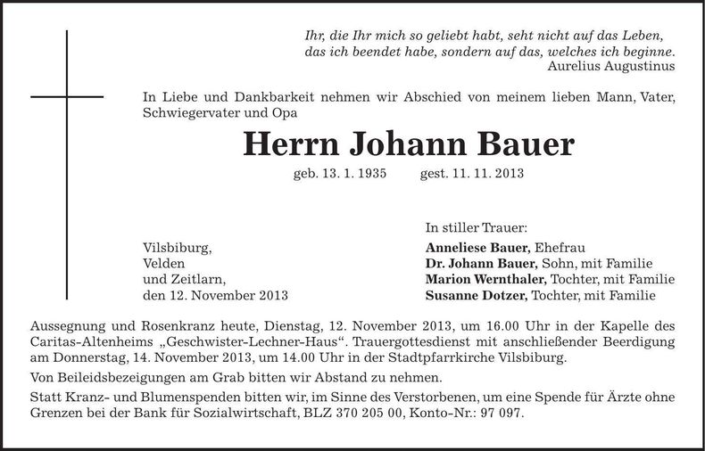 Traueranzeige Johann Bauer