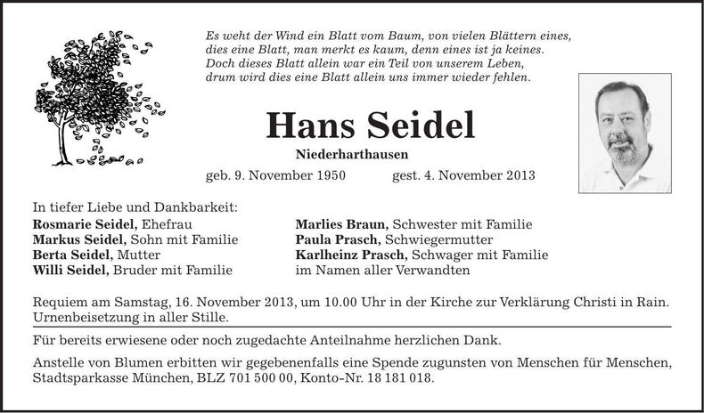 Traueranzeige Hans Seidel