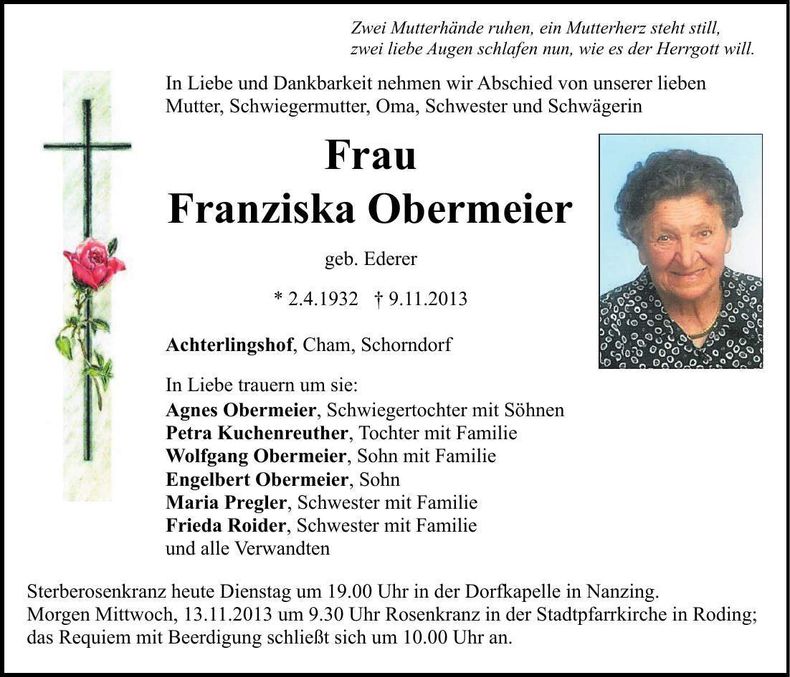 Traueranzeige Franziska Obermeier