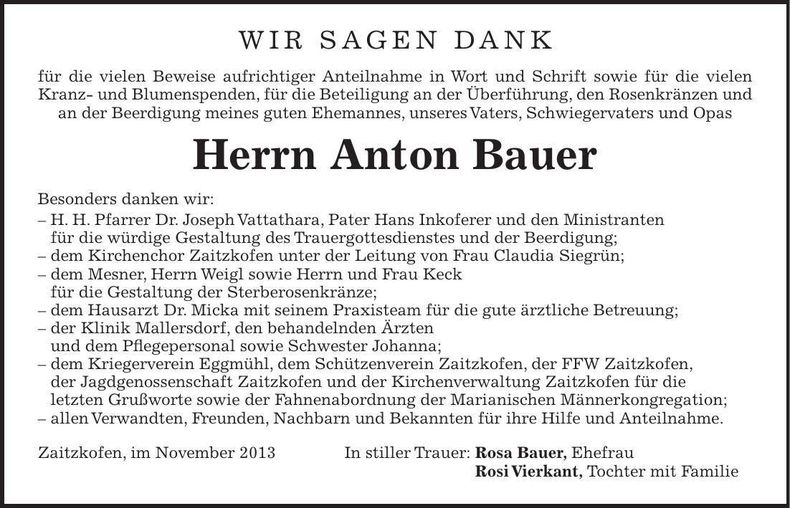 Traueranzeige Anton Bauer