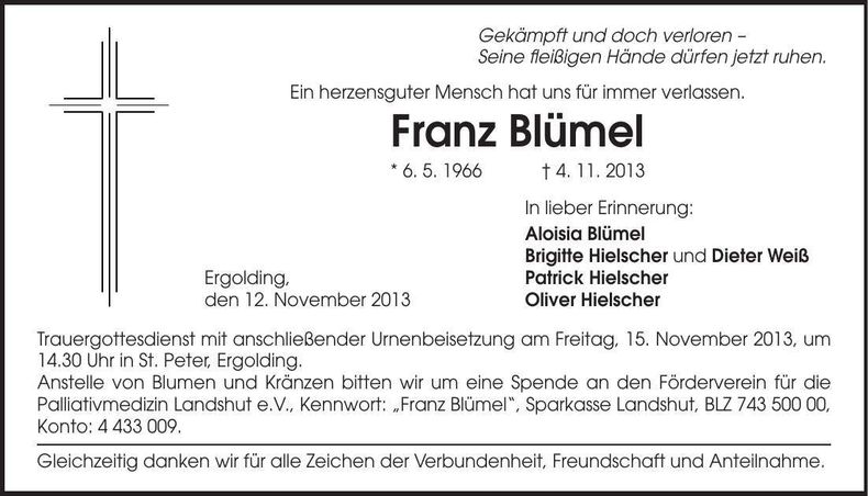 Traueranzeige Franz Blümel