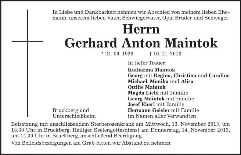 Traueranzeige Gerhard Anton Maintok