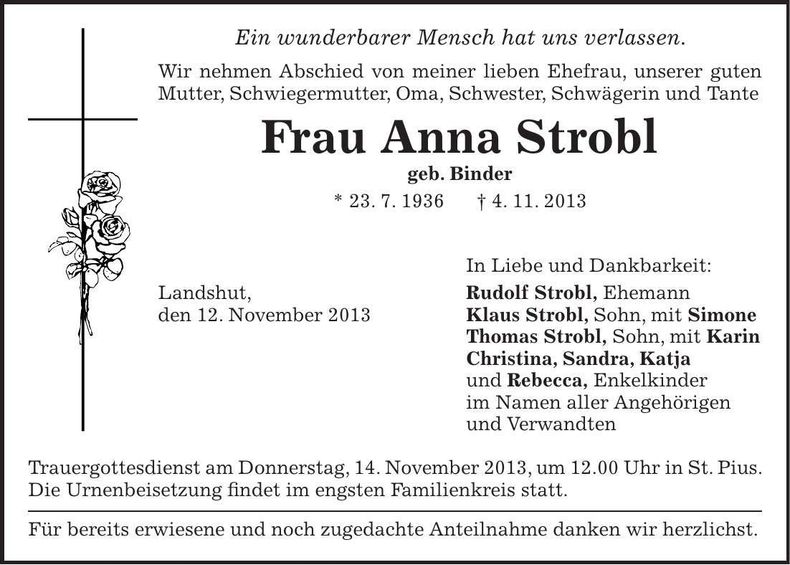 Traueranzeige Anna Strobl