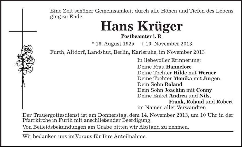 Traueranzeige Hans Krüger