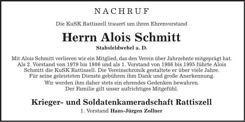 Traueranzeige Alois Schmitt