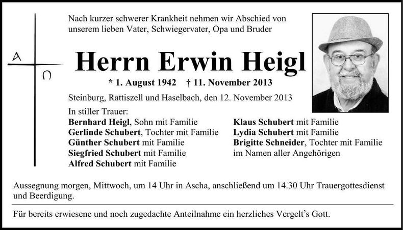 Traueranzeige Erwin Heigl